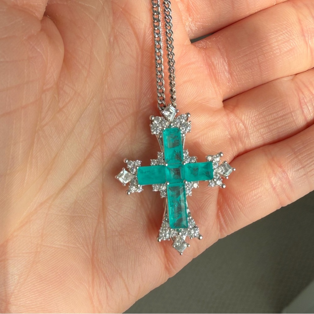Elegant Silver and Paraiba-Inspired Cross Pendant Necklace - Picture 2 of 6